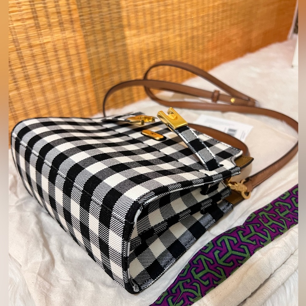 NWT Tory Burch Lee Radziwill gingham petite double bag BLACK/NEW IVORY GINGHAM - Picture 5 of 8
